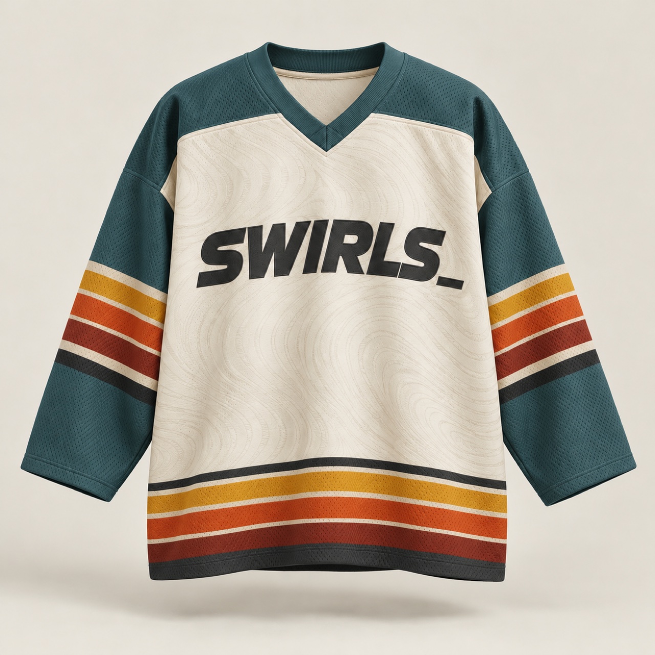 Oversized teal and cream Swirls jersey concept with mustard, orange, and rust stripes