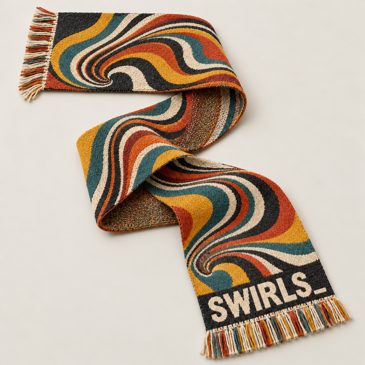Multicolor Swirls scarf concept with mustard, orange, rust, and teal woven curves and fringed ends
